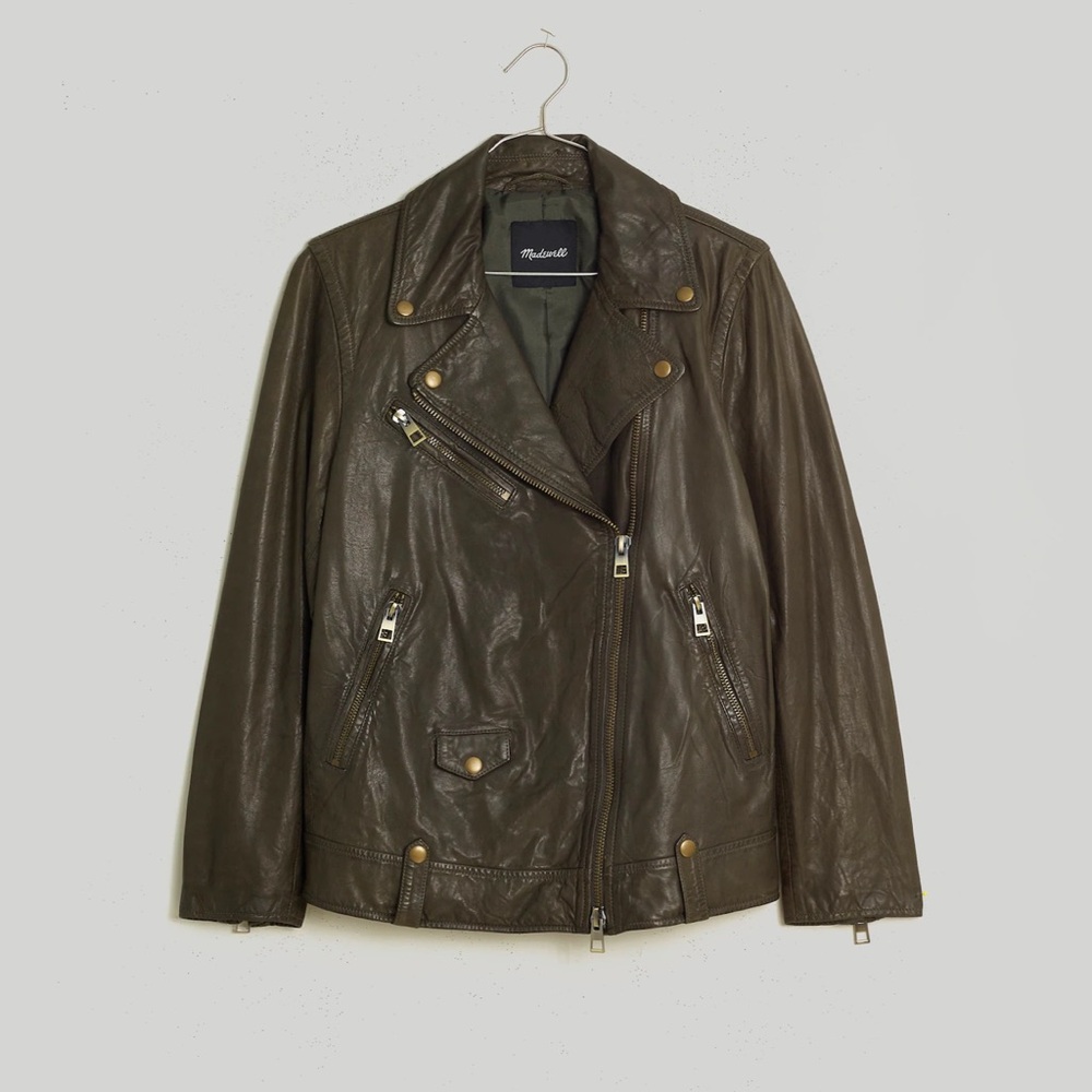 Madewell Washed Leather Oversized Motorcycle Jacket: Brass Hardware Dark Fatigue